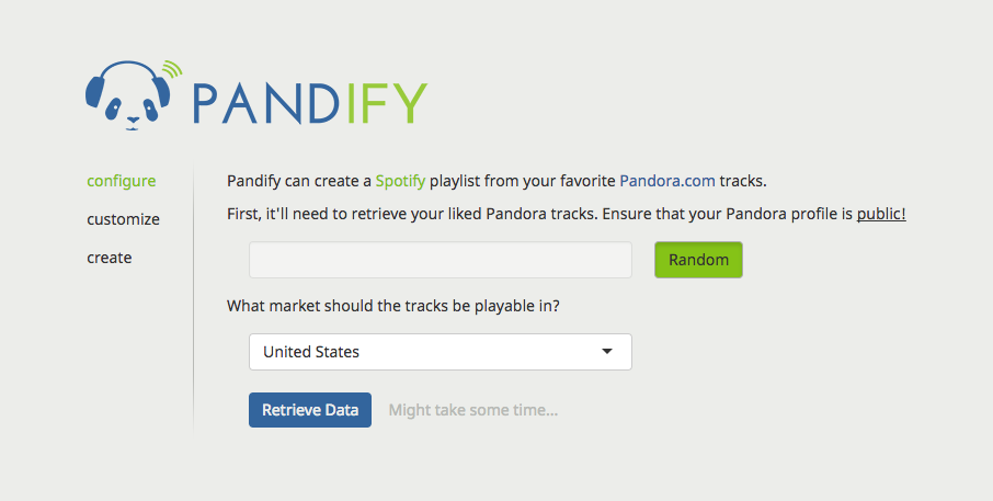 configure page: Provide your public Pandora handle.